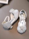 Princess Sparkly Silver High Heel Shoes with Rhinestone Butterfly and Pearl Belt 2