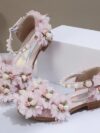 cocobee – Princess Pink 3D Flowers Low Heel Shoes with Pearls and Rhinestone Pendant Belt 2