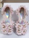 cocobee – Princess Pink 3D Flowers Low Heel Shoes with Pearls and Rhinestone Pendant Belt 6