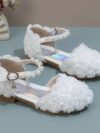 cocobee – Princess White 3D Flowers Low Heel Shoes with Pearls and Rhinestone Pendant Belt 1