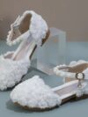 cocobee – Princess White 3D Flowers Low Heel Shoes with Pearls and Rhinestone Pendant Belt 2