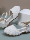 cocobee – Princess White 3D Flowers Low Heel Shoes with Pearls and Rhinestone Pendant Belt 3