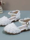 cocobee – Princess White 3D Flowers Low Heel Shoes with Pearls and Rhinestone Pendant Belt 6