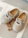 cocobee – Sparkly Rhinestones White Low Heel Princess Shoes with Pearls and Tulle Ribbon Belt