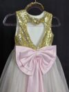 cocobee-Princess Elena Gold Sequin Ivory Tulle Dress with Pink Satin Bow 1