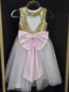 cocobee-Princess Elena Gold Sequin Ivory Tulle Dress with Pink Satin Bow 2