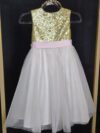 cocobee-Princess Elena Gold Sequin Ivory Tulle Dress with Pink Satin Bow 3