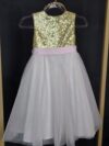 cocobee-Princess Elena Gold Sequin Ivory Tulle Dress with Pink Satin Bow 4