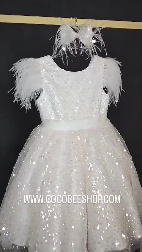 cocobee-Princess Evelyn White Sequin Feather Dress with Hair Bow – moment